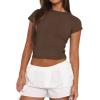 imageAvanova Women Cotton Tshirt Basic Short Sleeve Crop Top Ruched Fitted Baby Tee ShirtsBrown