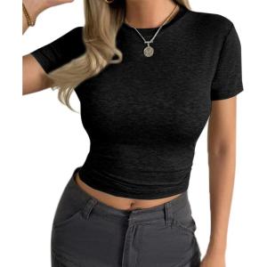 imageAvanova Women Cotton Tshirt Basic Short Sleeve Crop Top Ruched Fitted Baby Tee ShirtsBlack