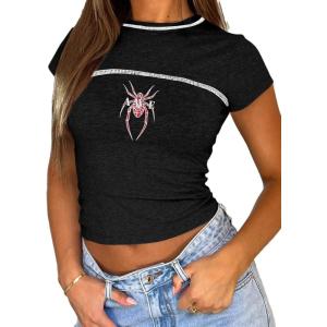imageAvanova Women Cotton Tshirt Basic Short Sleeve Crop Top Ruched Fitted Baby Tee ShirtsBlack Spider