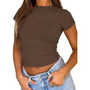 imageAvanova Women Cotton Tshirt Basic Short Sleeve Crop Top Ruched Fitted Baby Tee ShirtsBrown