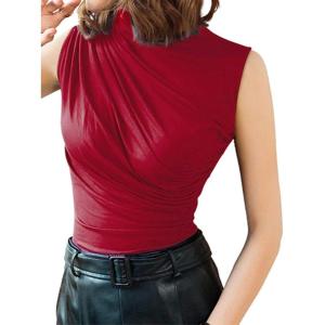 imageAvanova Women Fitted Sleeveless Ruched Tank Top Shirt Mock Turtleneck BlousesBrick Red