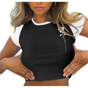 imageAvanova Women Graphic Raglan Short Sleeve Crop Top Color Block Crewneck Baby Tee ShirtBlack Flower