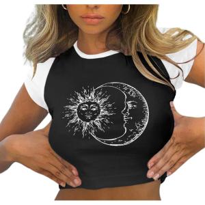 imageAvanova Women Graphic Raglan Short Sleeve Crop Top Color Block Crewneck Baby Tee ShirtBlack Sun Moon