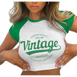 imageAvanova Women Graphic Raglan Short Sleeve Crop Top Color Block Crewneck Baby Tee ShirtGreen White