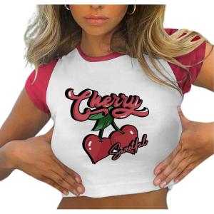 imageAvanova Women Graphic Raglan Short Sleeve Crop Top Color Block Crewneck Baby Tee ShirtRed White Cherry