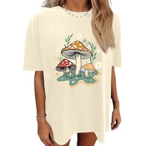 imageAvanova Women Letter Graphic Print Oversized Tee Shirt Short Sleeve Loose Fit TopsBeige Mushroom
