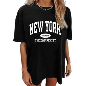 imageAvanova Women Letter Graphic Print Oversized Tee Shirt Short Sleeve Loose Fit TopsBlack Nk