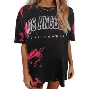 imageAvanova Women Letter Graphic Print Oversized Tee Shirt Short Sleeve Loose Fit TopsBlack Red