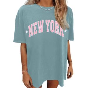imageAvanova Women Letter Graphic Print Oversized Tee Shirt Short Sleeve Loose Fit TopsGreen a