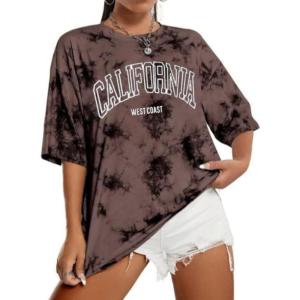 imageAvanova Women Letter Graphic Print Oversized Tee Shirt Short Sleeve Loose Fit TopsTie Dye Brown B