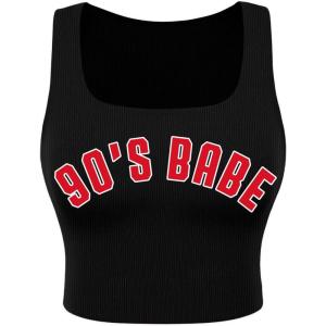 imageAvanova Women Ribbed Knit Graphic Crop Top Sleeveless Sexy Summer Tank ShirtBlack 90s