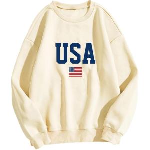imageAvanova Women USA Flag Graphic Oversized Sweatshirt Crewneck Long Sleeve Pullover ShirtsLetter Beige