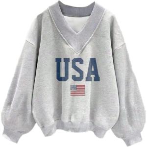 imageAvanova Women USA Graphic V Neck Sweatshirts Top Drop Shoulder Long Sleeve Pullover ShirtGrey