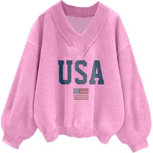 imageAvanova Women USA Graphic V Neck Sweatshirts Top Drop Shoulder Long Sleeve Pullover ShirtPink