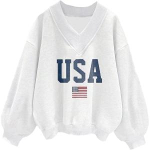 imageAvanova Women USA Graphic V Neck Sweatshirts Top Drop Shoulder Long Sleeve Pullover ShirtWhite a