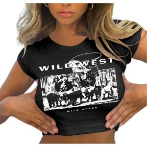 imageAvanova Womens Letter Print Tee Short Sleeve Round Neck Slim Fit Crop Top T ShirtBlack G