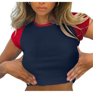 imageAvanova Womens Letter Print Tee Short Sleeve Round Neck Slim Fit Crop Top T ShirtBlue Red