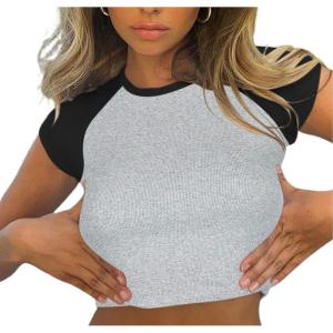 imageAvanova Womens Letter Print Tee Short Sleeve Round Neck Slim Fit Crop Top T ShirtGrey Black