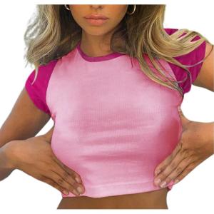 imageAvanova Womens Letter Print Tee Short Sleeve Round Neck Slim Fit Crop Top T ShirtHot Pink