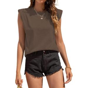 imageAvanova Womens Shoulder Pad Tank Top Sleeveless Casual Summer Round Neck TShirtBrown