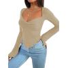 imageAvanova Womens Long Sleeve Square Neck Crop Top Twist Front Asymmetrical ShirtBeige