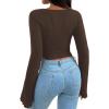 imageAvanova Womens Long Sleeve Square Neck Crop Top Twist Front Asymmetrical ShirtDark Brown