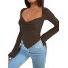 imageAvanova Womens Long Sleeve Square Neck Crop Top Twist Front Asymmetrical ShirtDark Brown