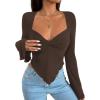 imageAvanova Womens Long Sleeve Square Neck Crop Top Twist Front Asymmetrical ShirtDark Brown