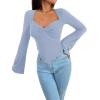 imageAvanova Womens Long Sleeve Square Neck Crop Top Twist Front Asymmetrical ShirtLight Blue