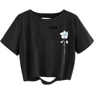 imageAvanova Women Distressed Loose Crop Top Oversized Short Sleeve Ripped Tee ShirtBlack Florale
