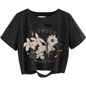 imageAvanova Women Distressed Loose Crop Top Oversized Short Sleeve Ripped Tee ShirtBlack Floralg