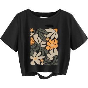 imageAvanova Women Distressed Loose Crop Top Oversized Short Sleeve Ripped Tee ShirtBlack Floralj