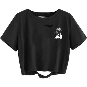 imageAvanova Women Distressed Loose Crop Top Oversized Short Sleeve Ripped Tee ShirtBlack Lx09