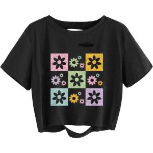 imageAvanova Women Distressed Loose Crop Top Oversized Short Sleeve Ripped Tee ShirtBlack Lx10
