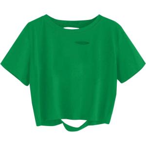 imageAvanova Women Distressed Loose Crop Top Oversized Short Sleeve Ripped Tee ShirtGreen