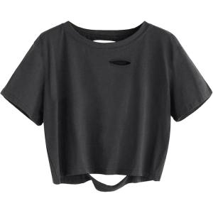 imageAvanova Women Distressed Loose Crop Top Oversized Short Sleeve Ripped Tee ShirtGrey