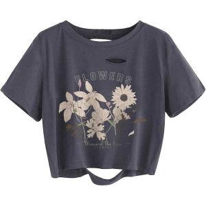 imageAvanova Women Distressed Loose Crop Top Oversized Short Sleeve Ripped Tee ShirtGrey Floral