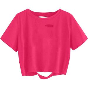 imageAvanova Women Distressed Loose Crop Top Oversized Short Sleeve Ripped Tee ShirtHot Pink