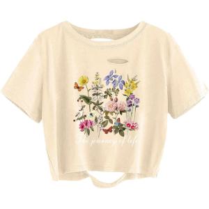 imageAvanova Women Distressed Loose Crop Top Oversized Short Sleeve Ripped Tee ShirtKhaki Floral