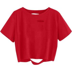imageAvanova Women Distressed Loose Crop Top Oversized Short Sleeve Ripped Tee ShirtRed