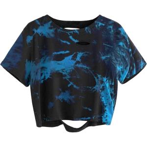 imageAvanova Women Distressed Loose Crop Top Oversized Short Sleeve Ripped Tee ShirtTie Dye Blue