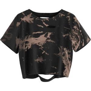 imageAvanova Women Distressed Loose Crop Top Oversized Short Sleeve Ripped Tee ShirtTie Dye Brown