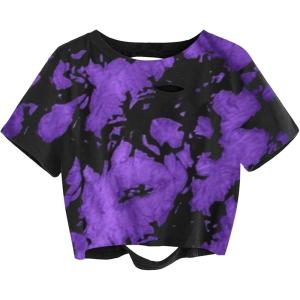 imageAvanova Women Distressed Loose Crop Top Oversized Short Sleeve Ripped Tee ShirtTie Dye Purple
