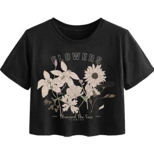imageAvanova Women Graphic Oversized Ripped Boxy Tee Shirt Distressed Short Sleeve Crop TopBlack Sunflower