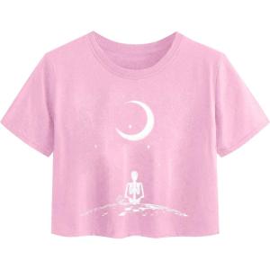 imageAvanova Women Graphic Oversized Ripped Boxy Tee Shirt Distressed Short Sleeve Crop TopPink Moon