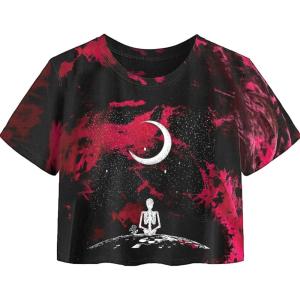 imageAvanova Women Graphic Oversized Ripped Boxy Tee Shirt Distressed Short Sleeve Crop TopRed Moon