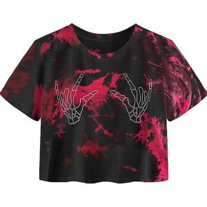 imageAvanova Women Graphic Oversized Ripped Boxy Tee Shirt Distressed Short Sleeve Crop TopTie Dye Red