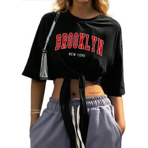 imageAvanova Women Graphic Tee Tie Front Short Sleeve Crop Top Oversized T ShirtBlack Bk