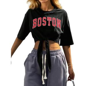 imageAvanova Women Graphic Tee Tie Front Short Sleeve Crop Top Oversized T ShirtBlack Boston