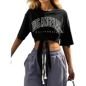 imageAvanova Women Graphic Tee Tie Front Short Sleeve Crop Top Oversized T ShirtBlack La